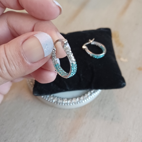 Blue Ombre Rhinestone Crystal Inside-Out Hoop Drop Dangle Earrings - Picture 7 of 9